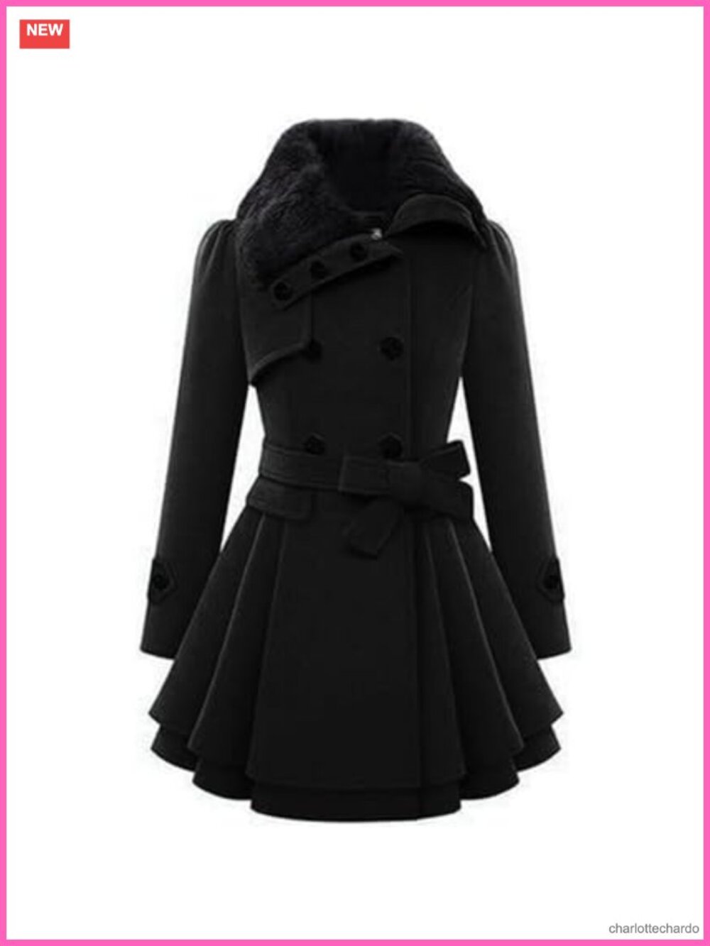 Womens Faux Fur Collar Double Breasted Belted Trench Coat A-Line Winter